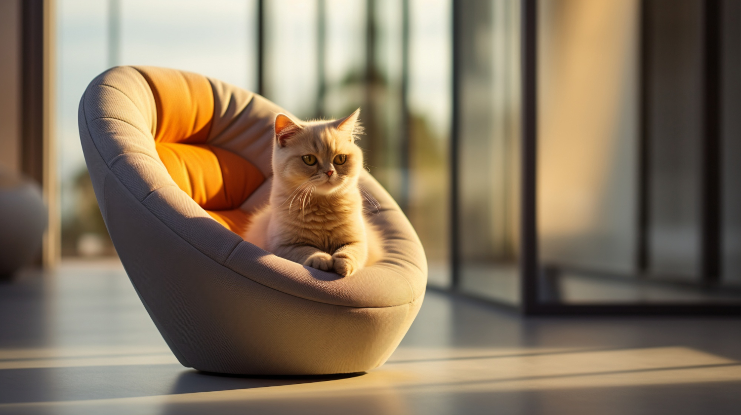 brown cat sitting in round modern cat bed