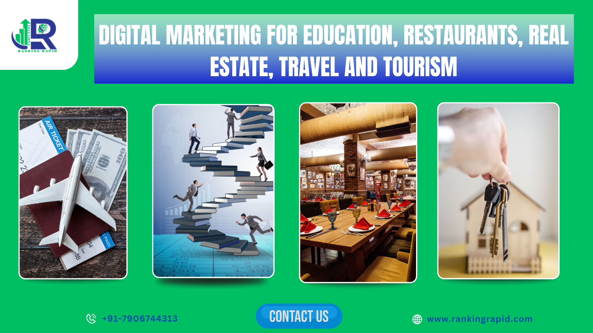 image shows Digital Marketing For Education, Restaurants, Real Estate, Travel And Tourism and Ranking Rapid logo and contact information