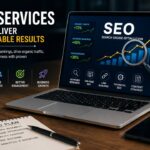 SEO services dashboard showing keyword research, on-page SEO, link building, content strategy, organic traffic growth, and measurable search engine optimization results.