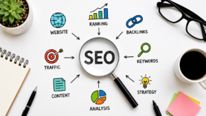 SEO services illustration showing website optimization, keyword research, backlinks, content strategy, traffic growth, and search engine ranking improvement